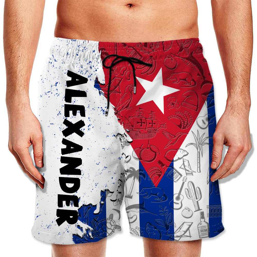 Cuba Half Flag With Grunge Brush Men&#39;s Personalized Beach Shorts 