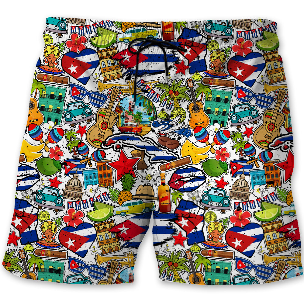 Cuba Beach Shorts With Many Symbols