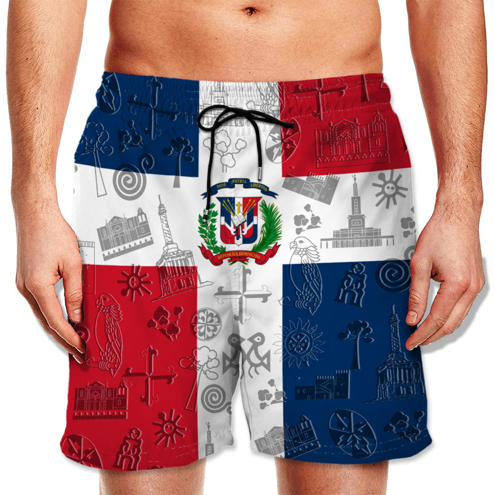 Dominican Men&#39;s Beach Shorts With Embedded Symbols