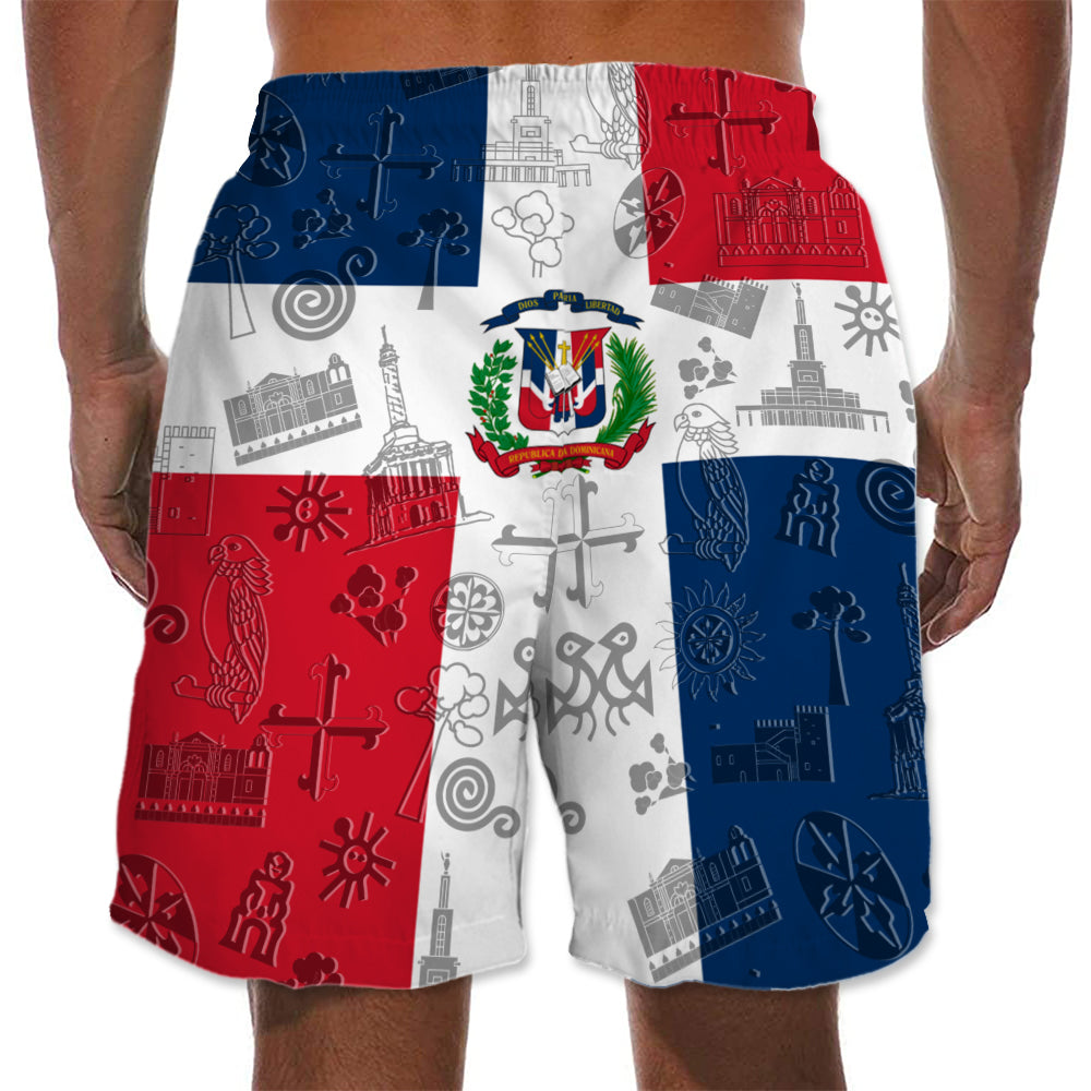 Dominican Men's Beach Shorts With Embedded Symbols