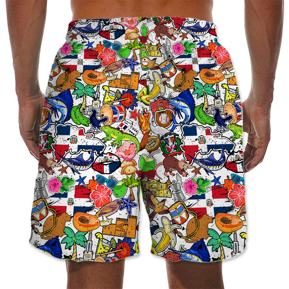 Dominican Men Beach Shorts With Many Symbols