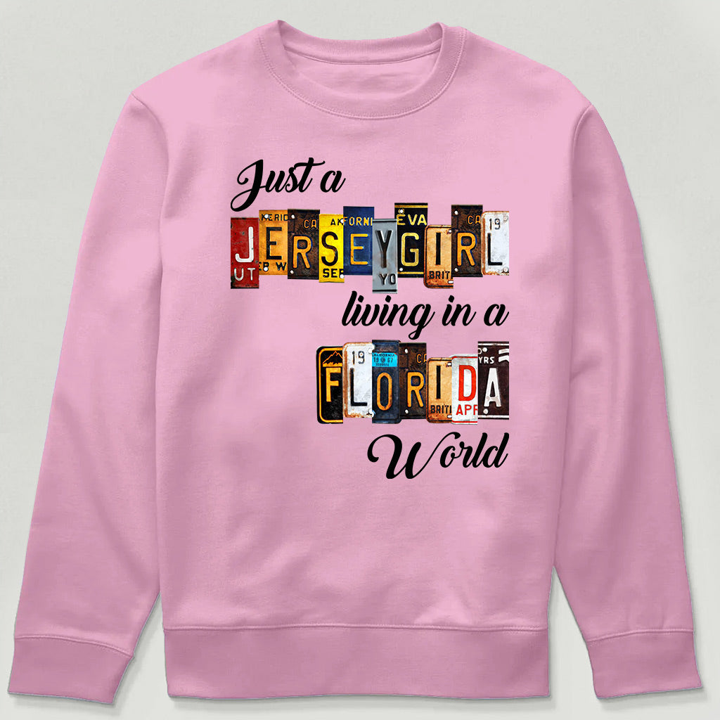 Just A Jersey Girl Living In Florida World T-shirt With License Plate Style