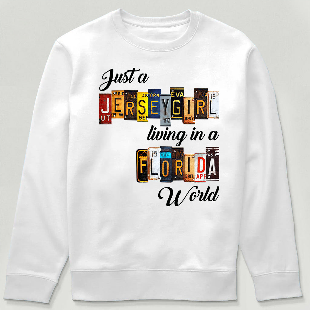 Just A Jersey Girl Living In Florida World T-shirt With License Plate Style