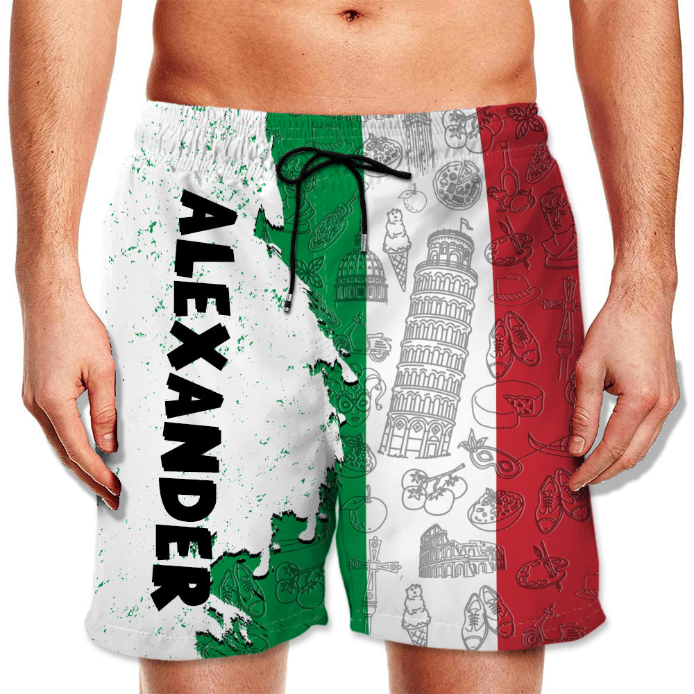 Italian Half Flag With Grunge Brush Men&#39;s Personalized Beach Short