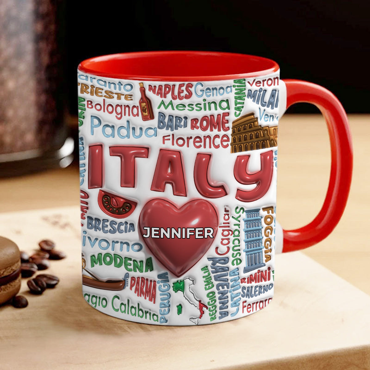 Custom Italy Accent Mug With Cities, Map, Heart And Your Name