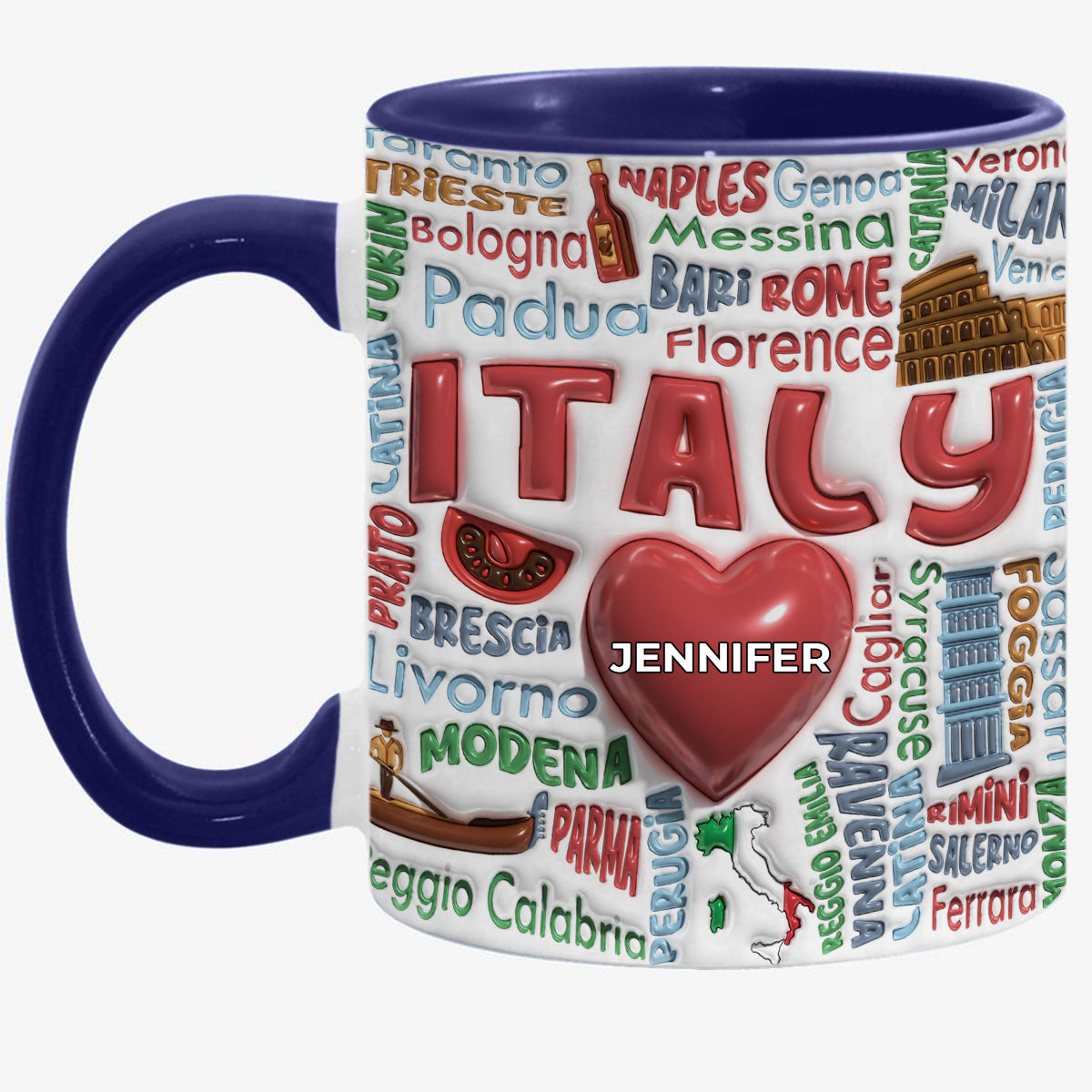 Custom Italy Accent Mug With Cities, Map, Heart And Your Name