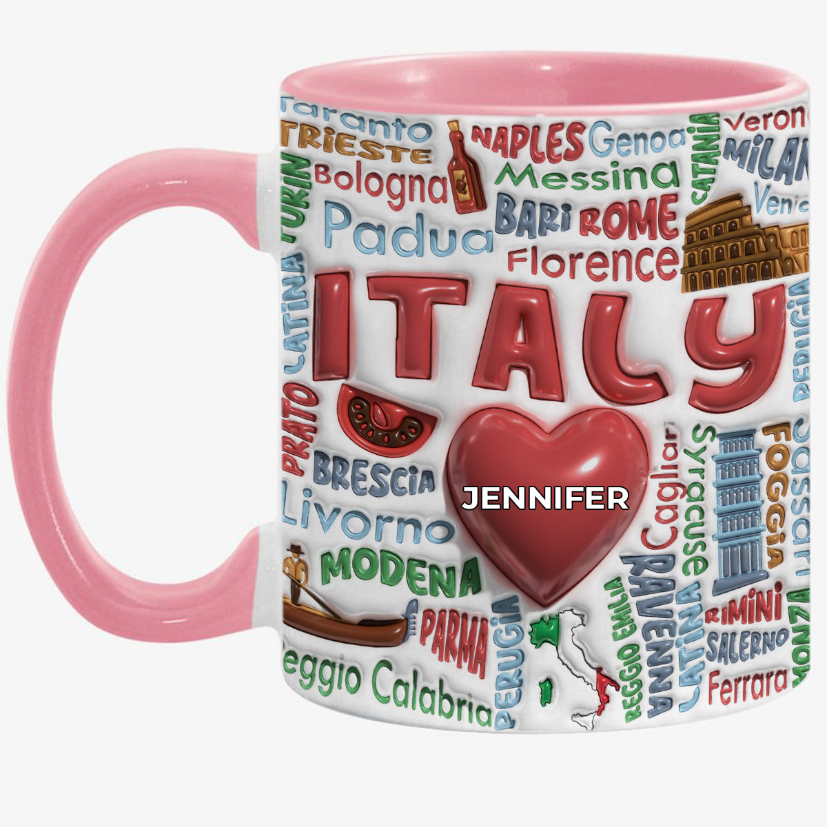 Custom Italy Accent Mug With Cities, Map, Heart And Your Name