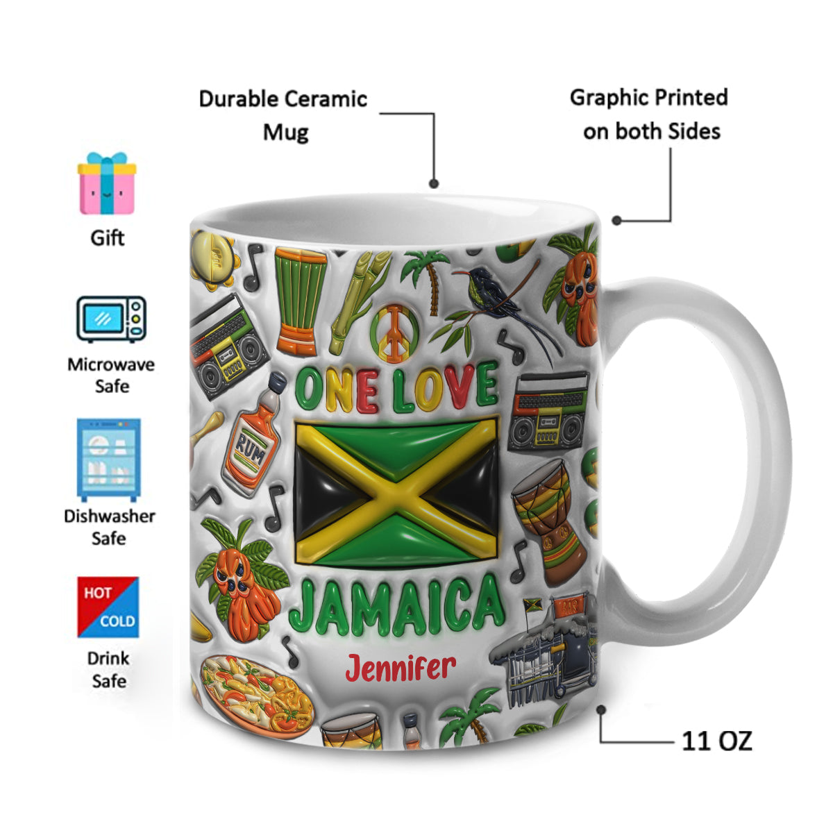 One Love Jamaica Coffee Mug Cup With Custom Your Name