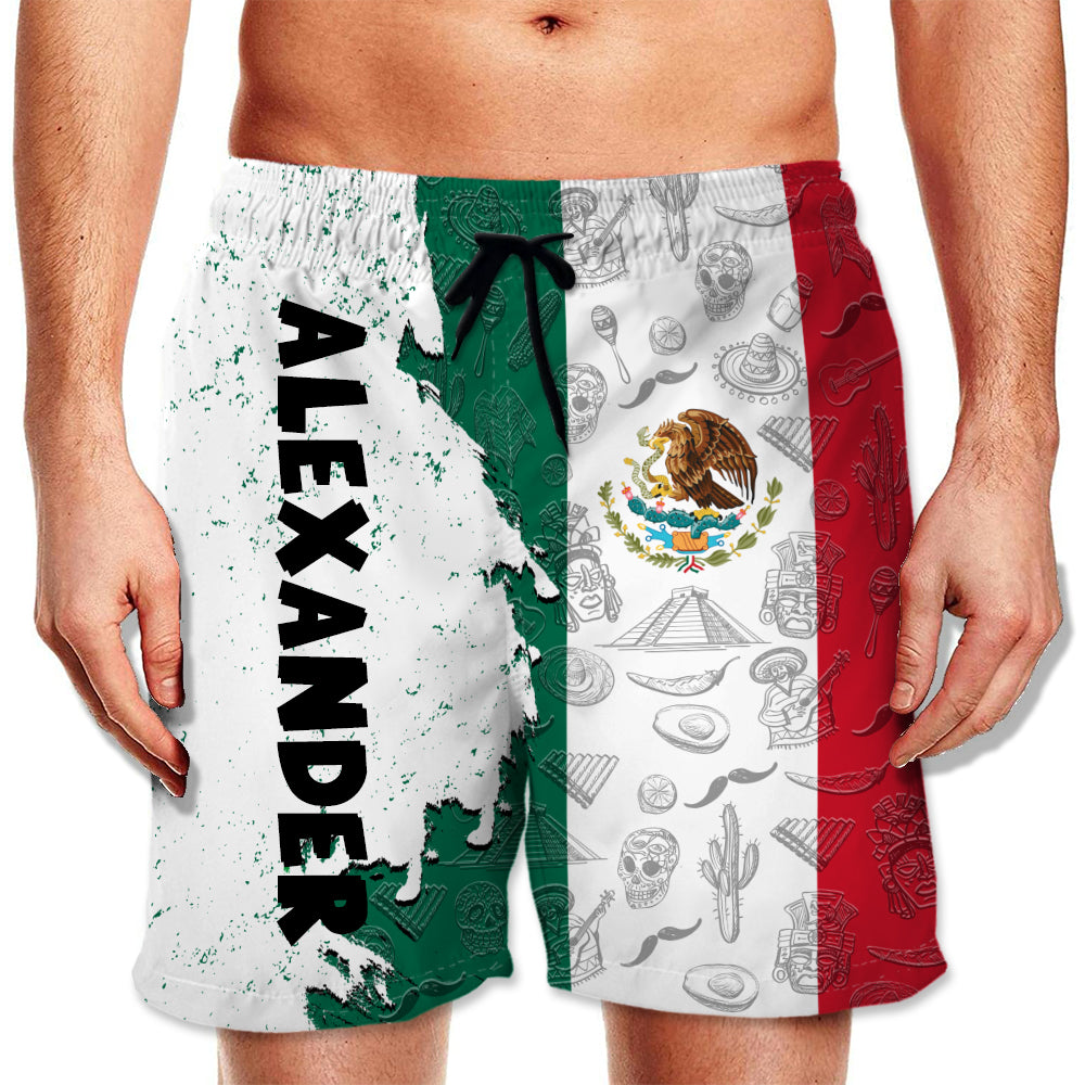 Mexico Half Flag With Grunge Brush Men&#39;s Personalized Beach Shorts