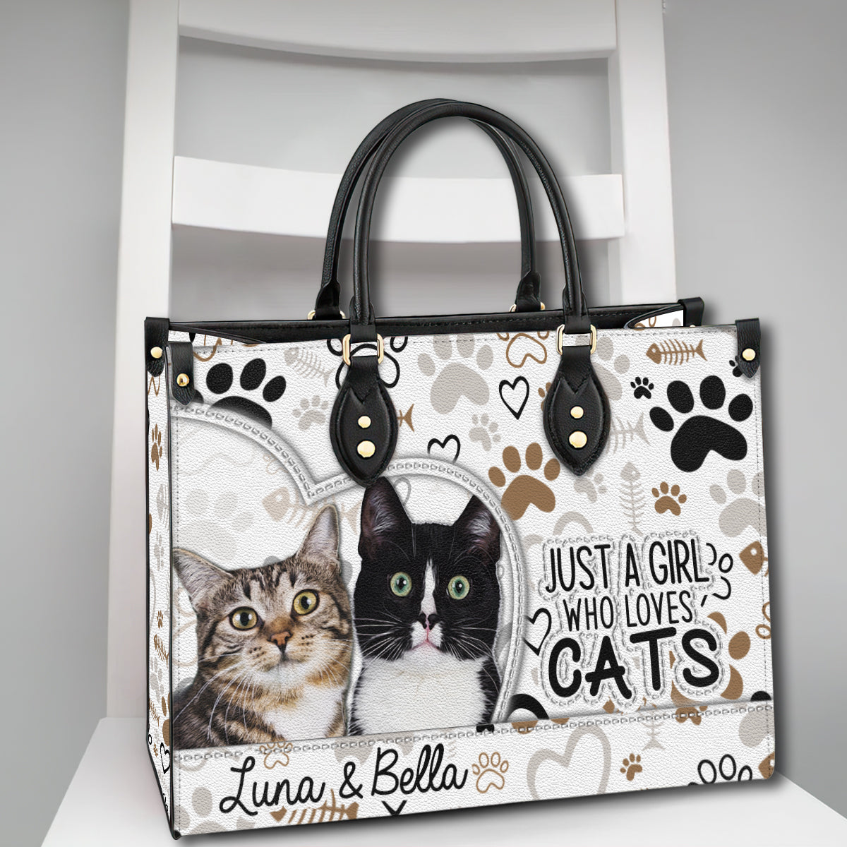 Personalized Cat Leather Handbag Purse , Just A Girl Who Loves Cats