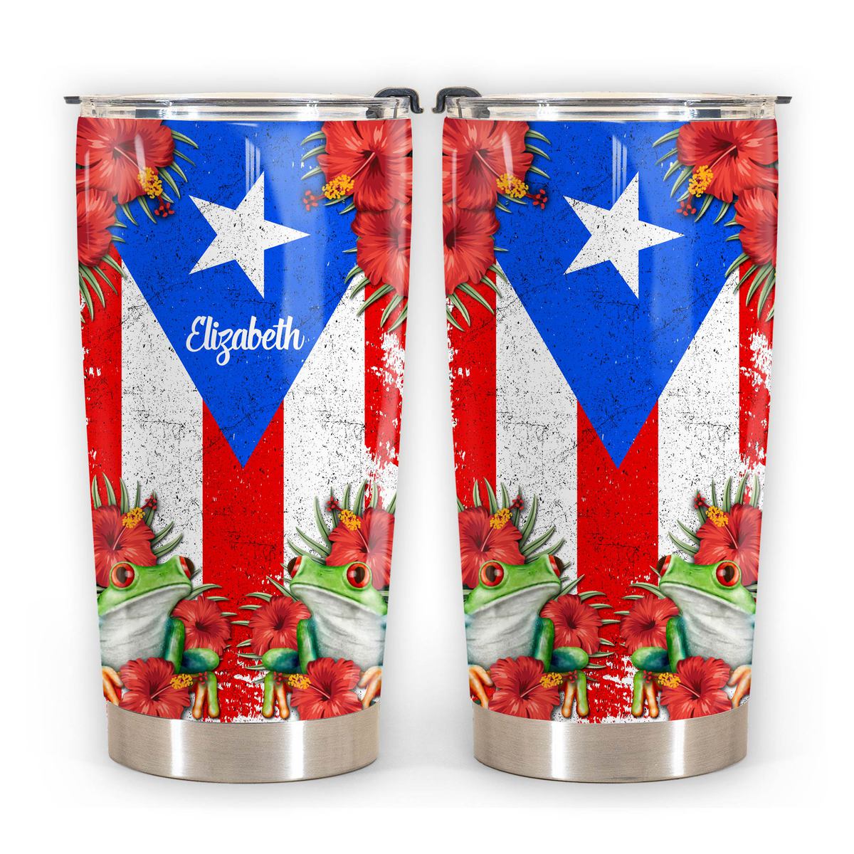 Custom Puerto Rico Tumbler With Flag, Flower, Coqui