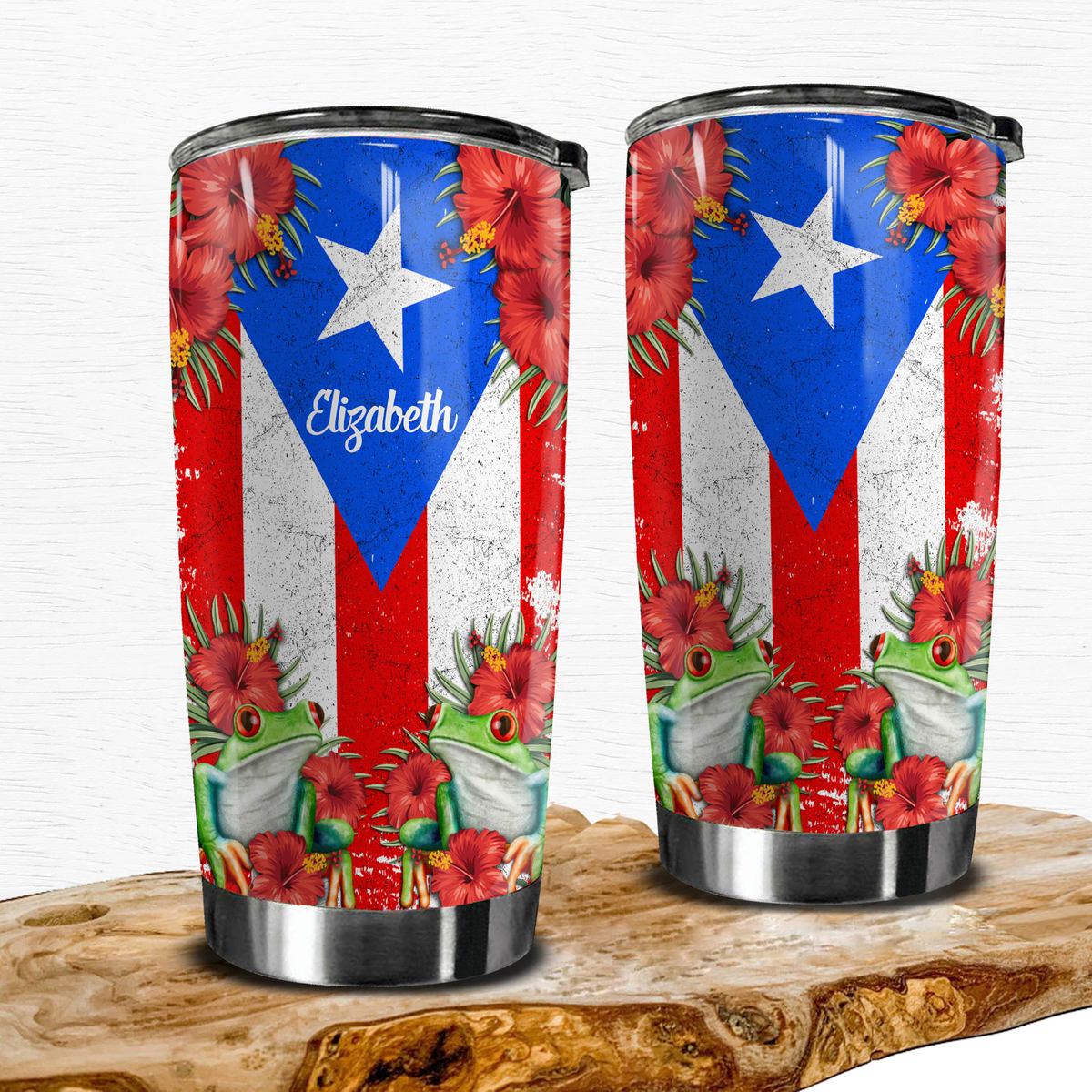 Custom Puerto Rico Tumbler With Flag, Flower, Coqui