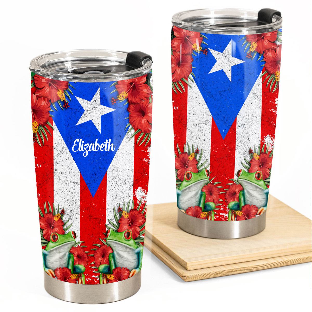 Custom Puerto Rico Tumbler With Flag, Flower, Coqui