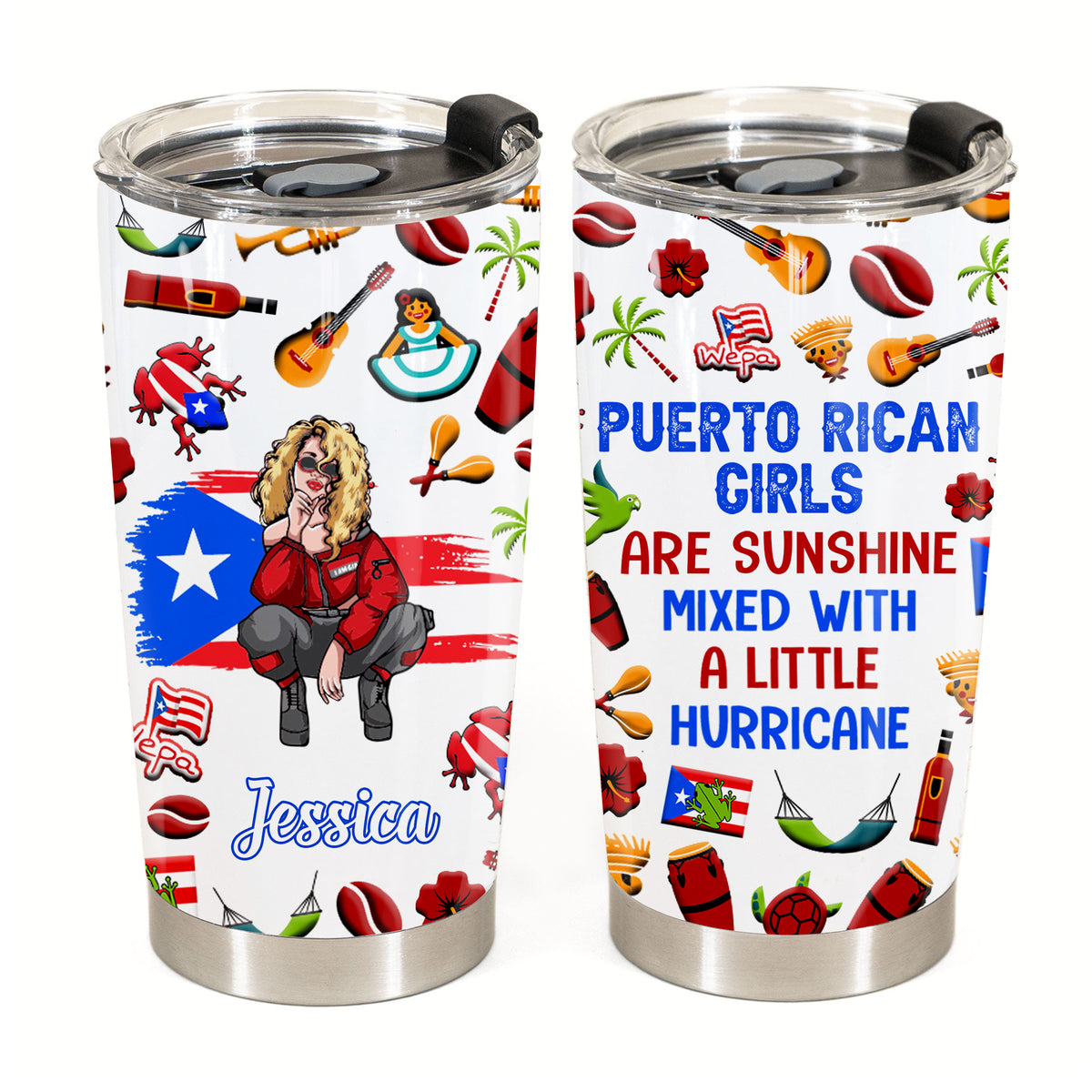 Puerto Rico Girl Personalized 20z Steel Cup Tumbler With Symbols