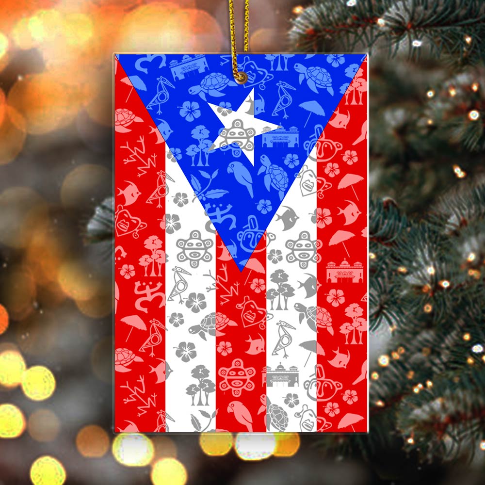 Puerto Rico Shaped Acrylic Ornament With Flag And Symbols