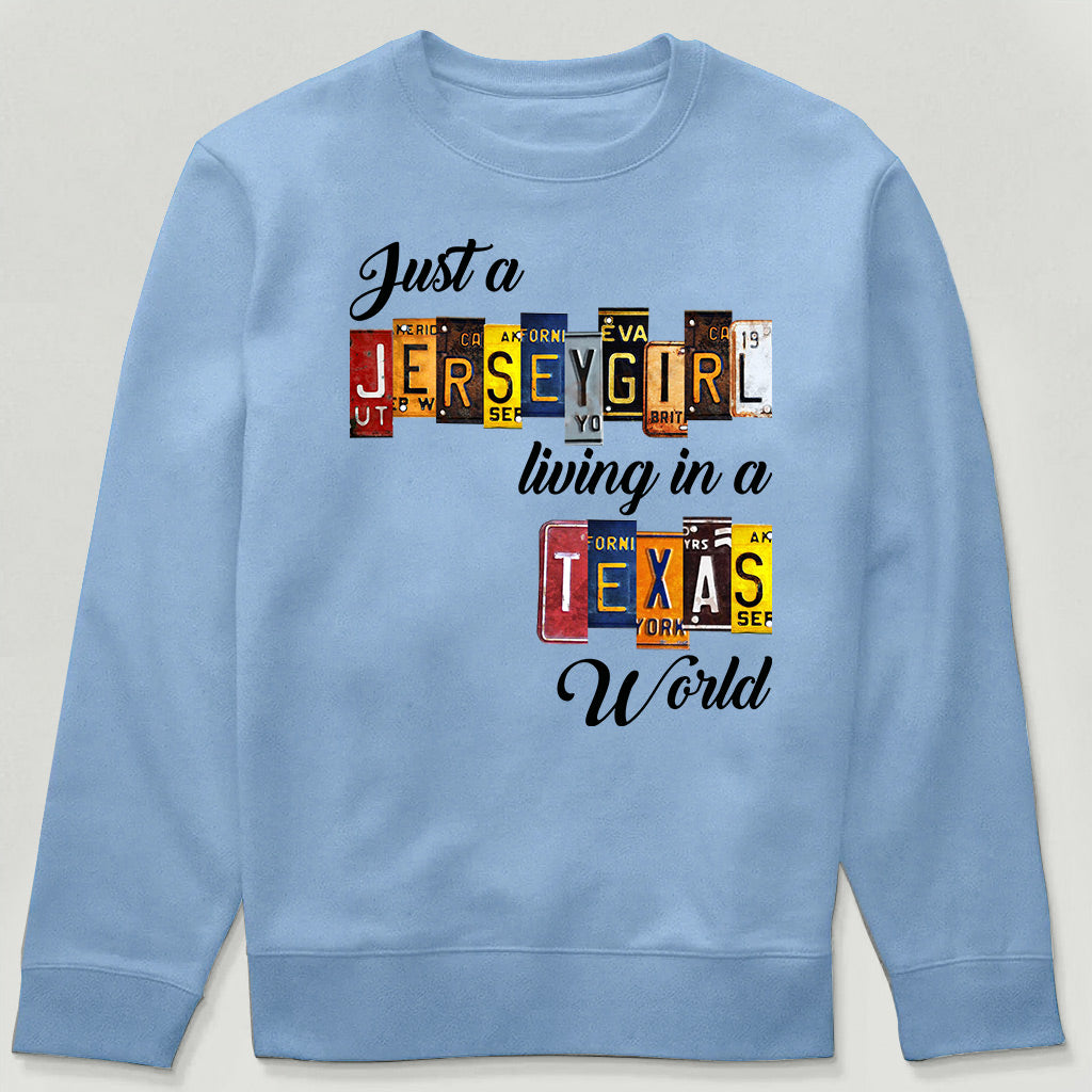 Just A Jersey Girl Living In Texas World T-shirt With License Plate Style