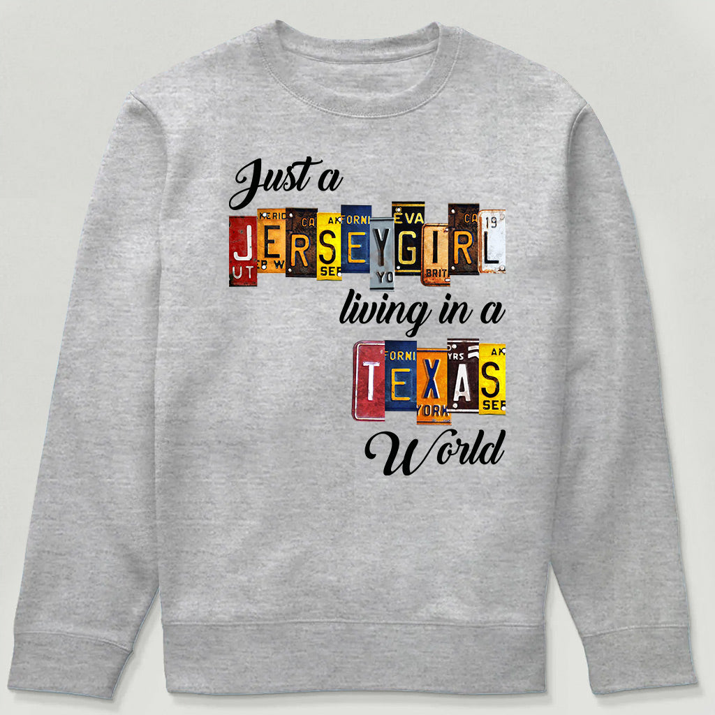 Just A Jersey Girl Living In Texas World T-shirt With License Plate Style