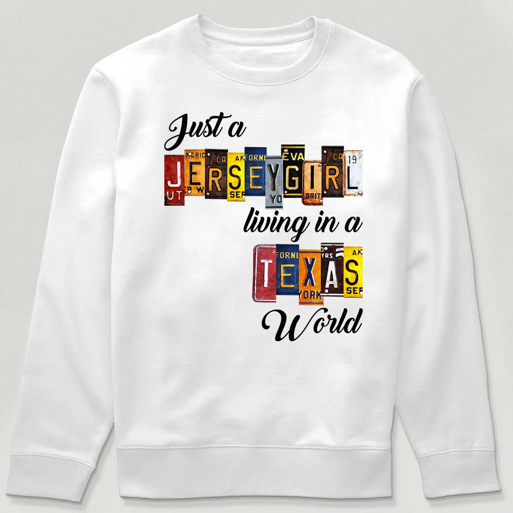 Just A Jersey Girl Living In Texas World T-shirt With License Plate Style