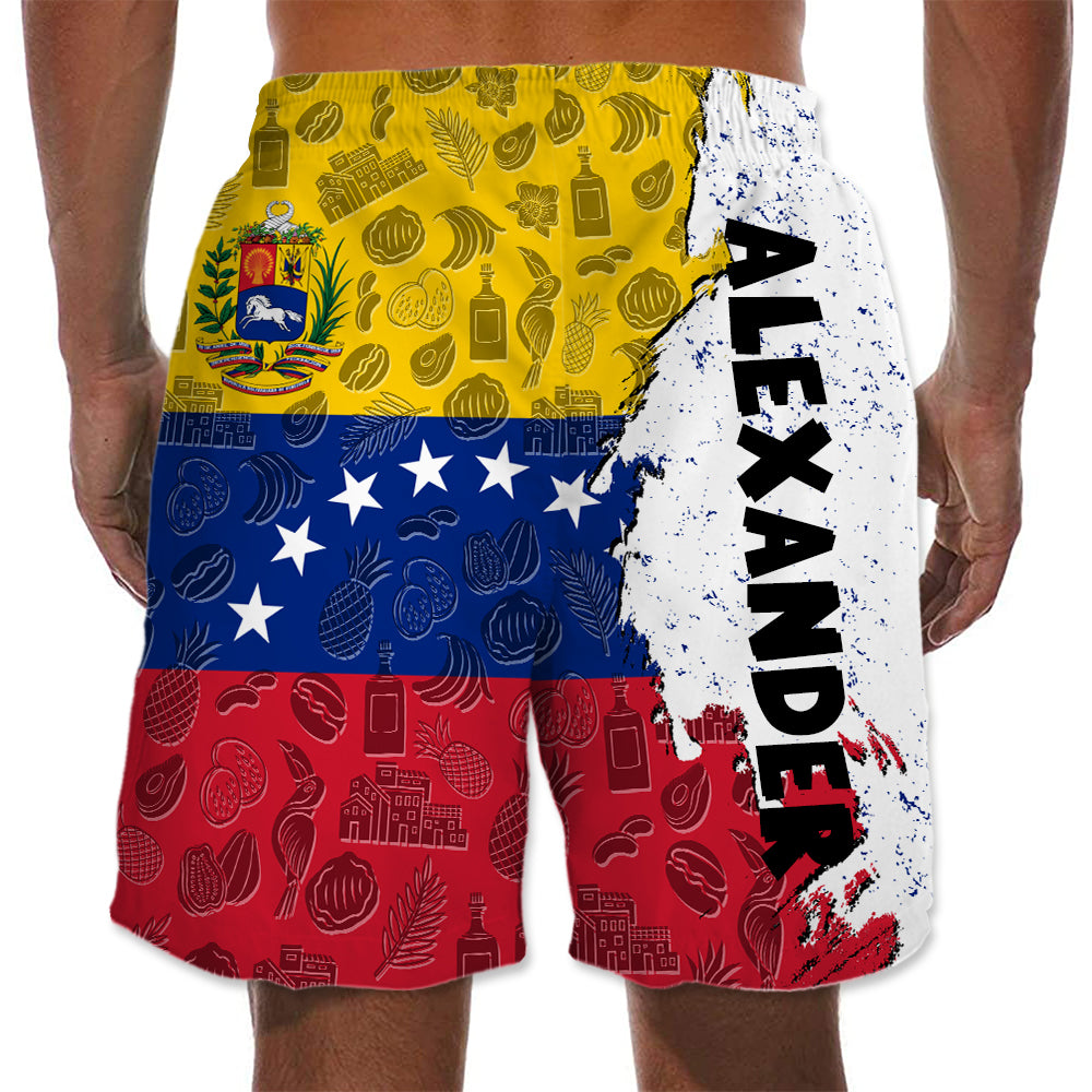 Venezuela Half Flag With Grunge Brush Men's Personalized Beach Shorts