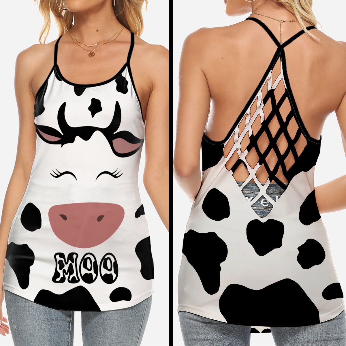 Cow Face Moo Cross Tank Top