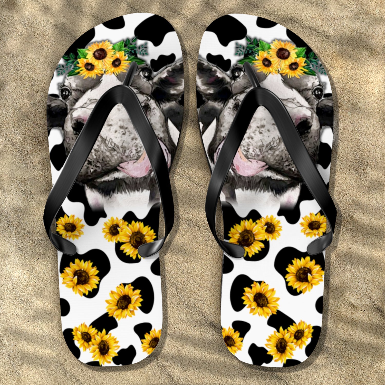 Cow Print Flip Flops With Sunflower