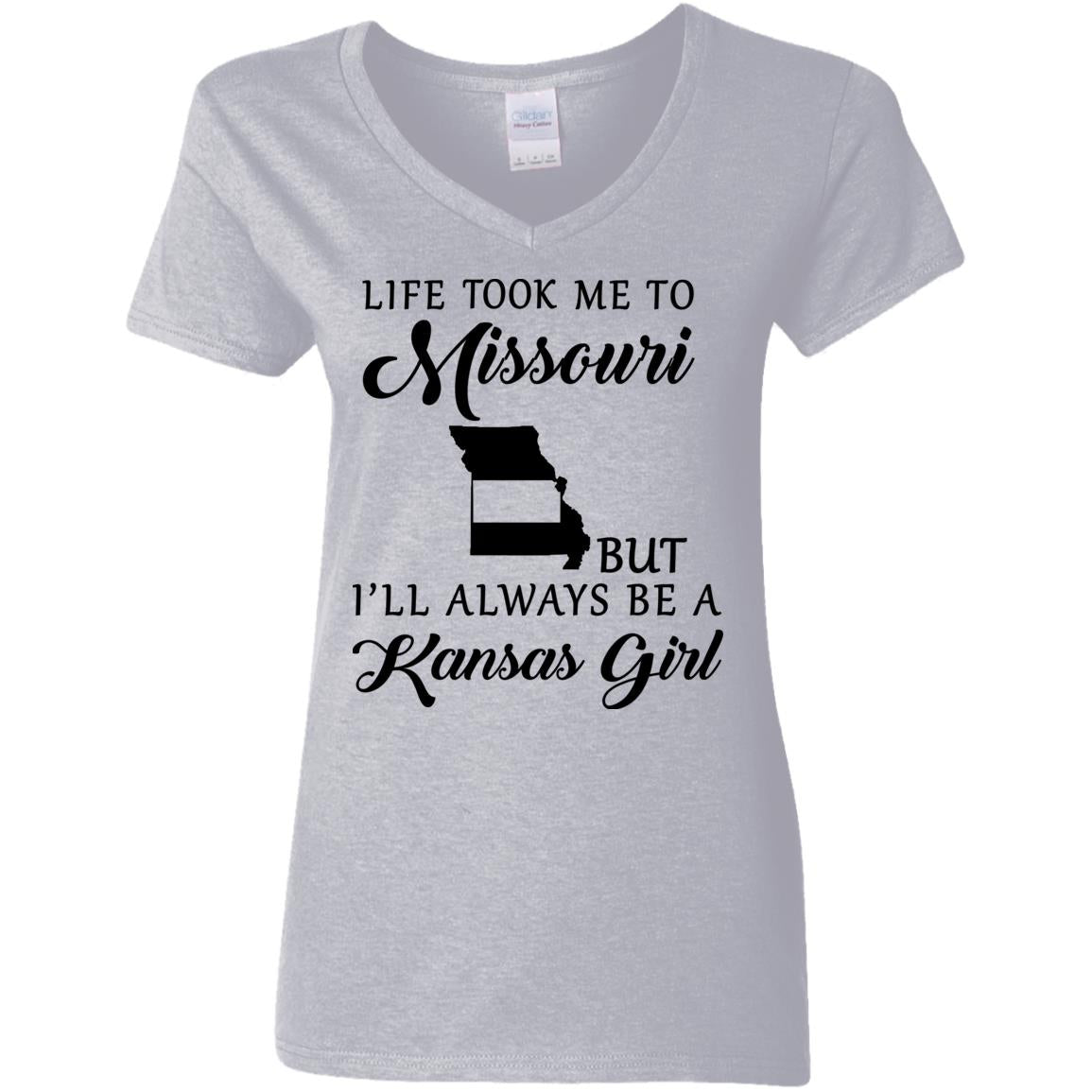 Life Took Me To Missouri Always Be A Kansas Girl V Neck T Shirt - T-shirt Teezalo