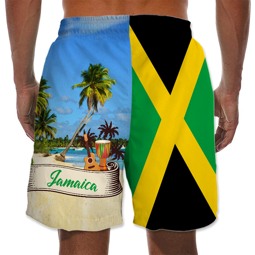 Jamaica Flag Men Beach Shorts With Palm Trees On Tropical Jamaica