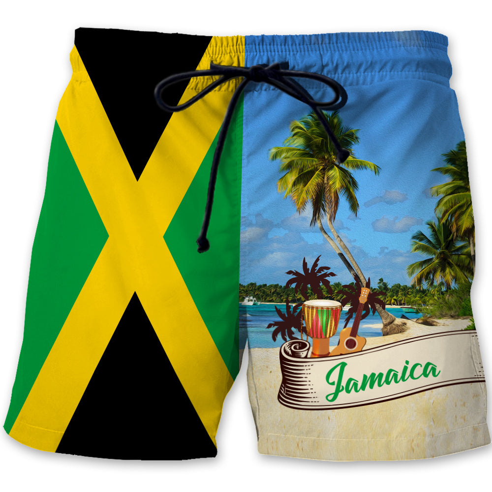 Jamaica Flag Men Beach Shorts With Palm Trees On Tropical Jamaica