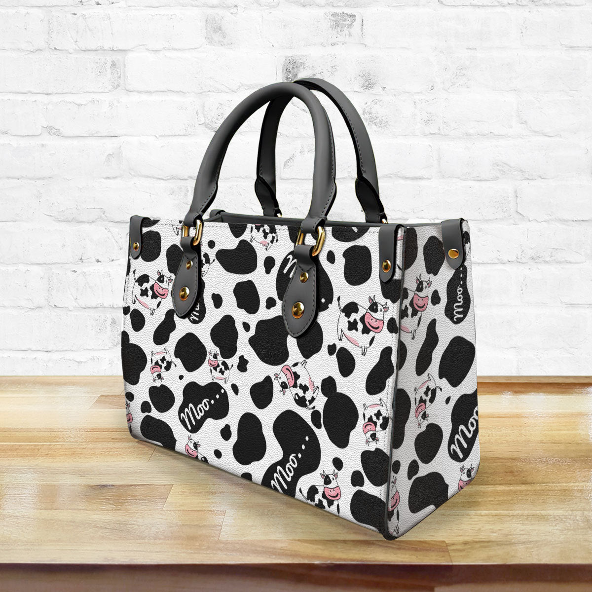 Cow Moo In Pattern Leather Handbag Purse