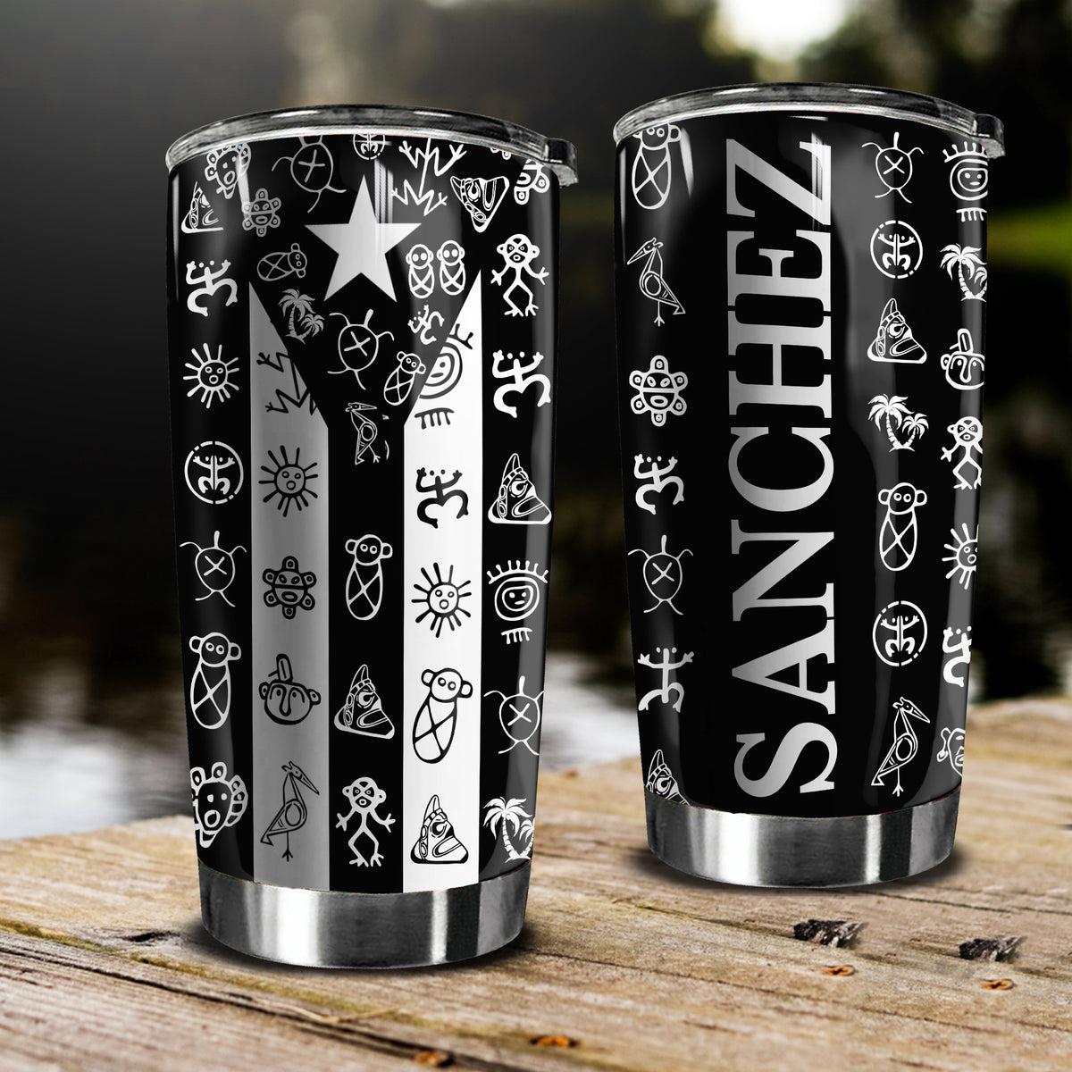 Puerto Rico Black Flag With Symbols Personalized 20oz Tumbler - Tumbler Born Teezalo