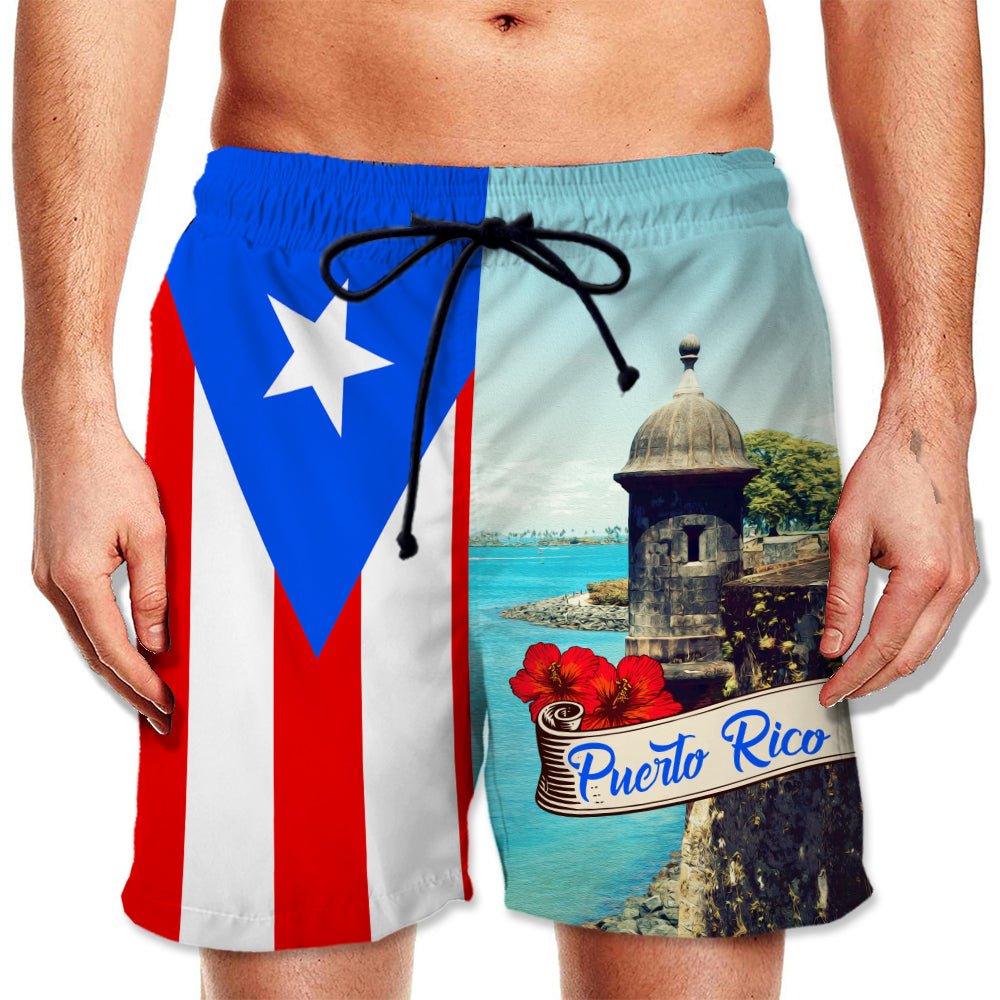 Puerto Rico Flag Men Beach Shorts With El Morro Castle in San Juan Pictures