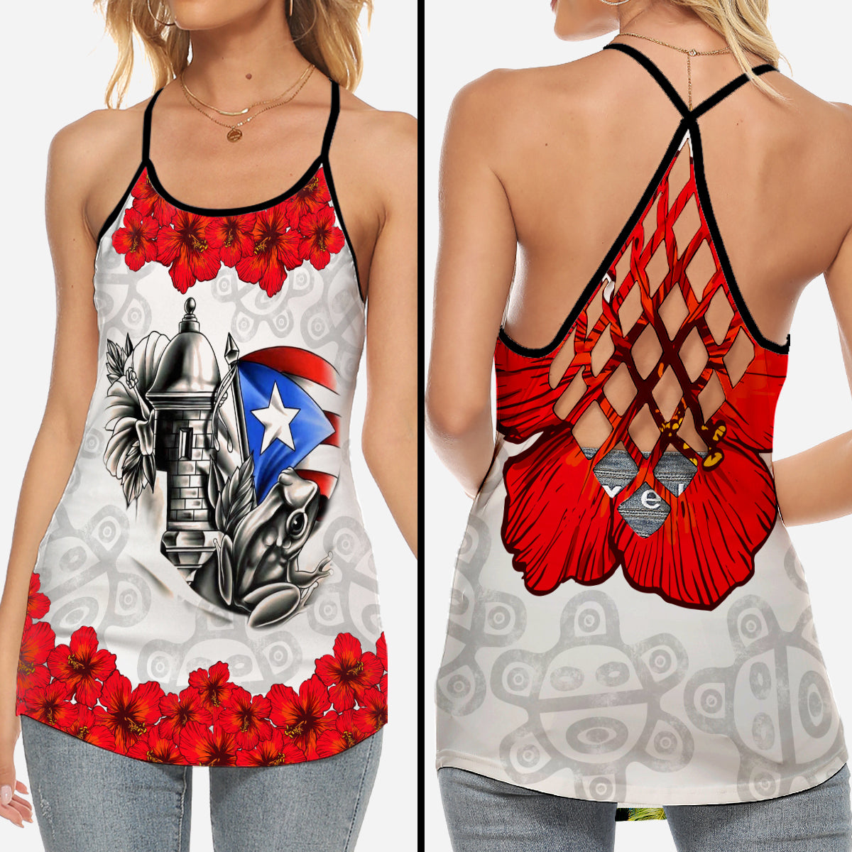 Puerto Rican Flag Hibiscus Criss Cross Tank Top